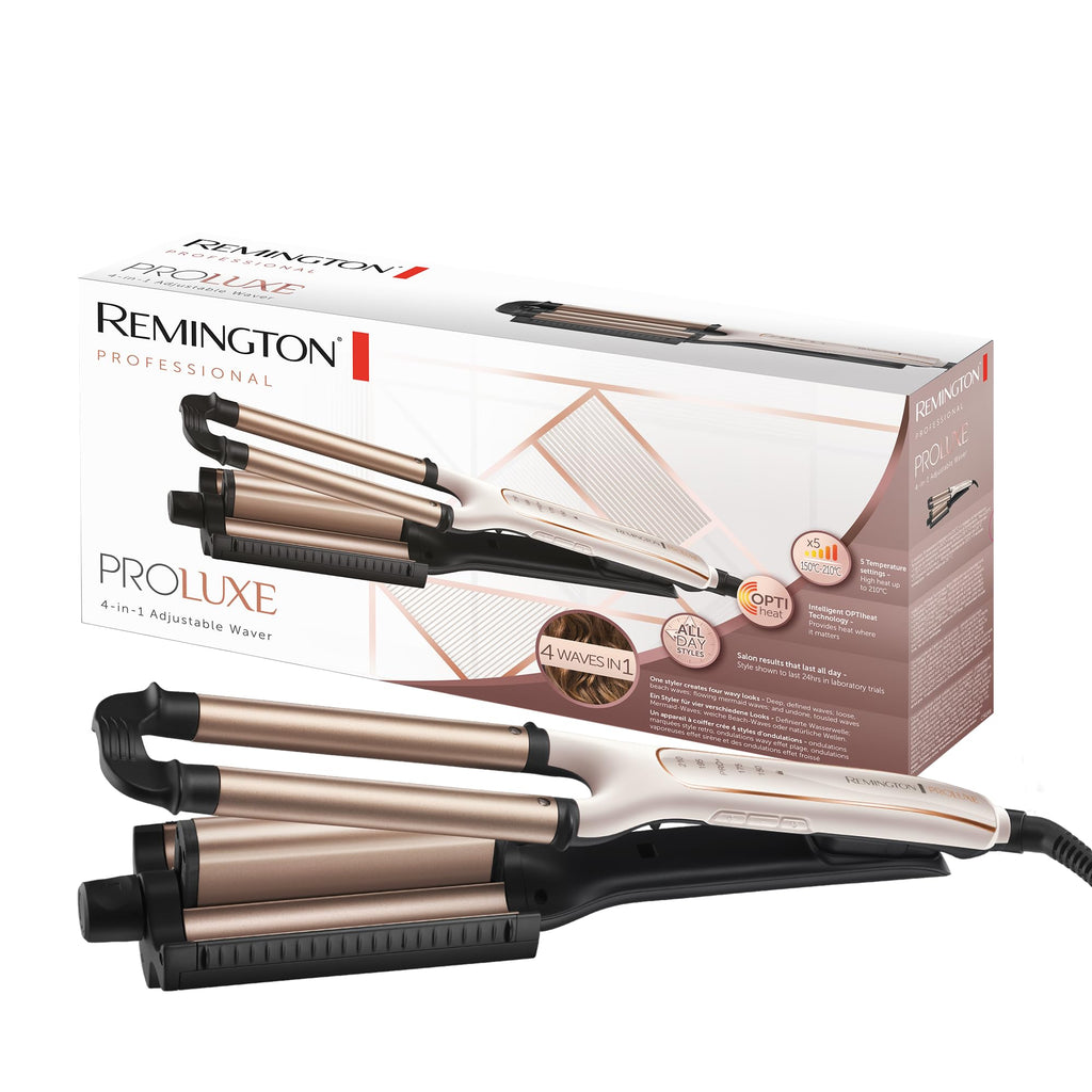 Remington 4-i-1 vågtång, justerbar för olika stilar, upp till 210°C, PRO+ innebär 185°c, keramisk beläggning med sträv yta för bättre grepp, 30 sek uppvärmning, 3m sladd, Proluxe CI91AW