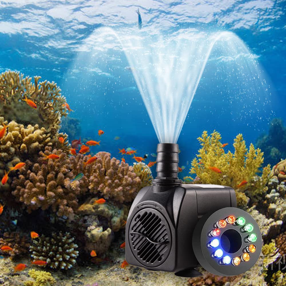 Utomhuspump, dränkbar fontän pump, fiskdamm pump, tyst dränkbar akvarium, vattenpump 220 V, kraftfull utomhusdekoration trädgård med LED och munstycken 750L/H 15W