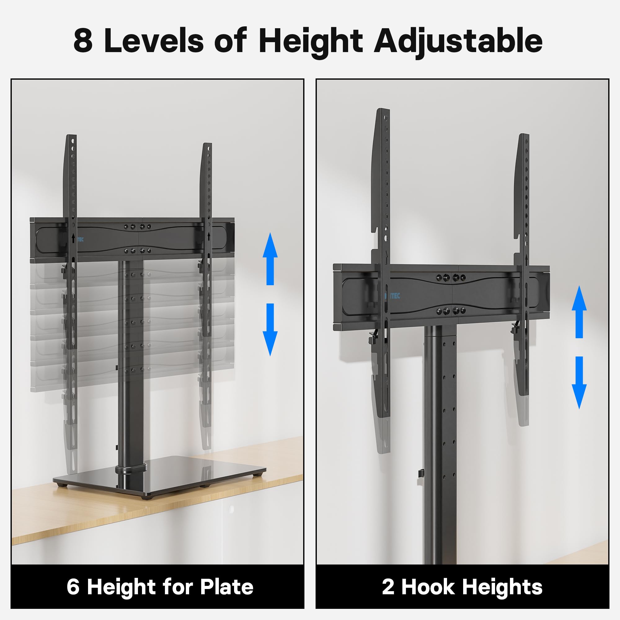 BONTEC Universellt Bordsskiva Piedestal TV Stativ med Fäste för 26"-65" LCD/LED/Plasma-TV – Höjdjusterbart Stativ med 8mm Härdat Glasbas och Kabelhantering–Stöder upp till 45kg och Max. VESA 600x400mm