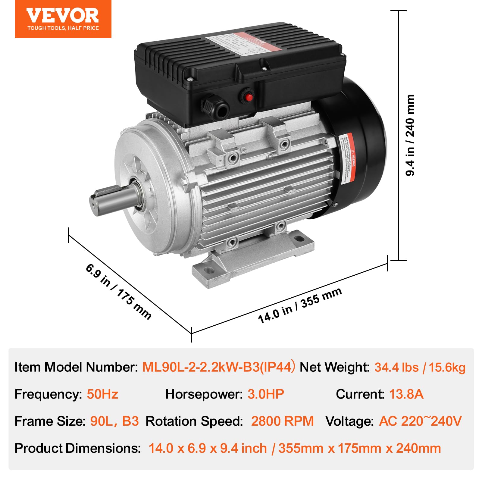 VEVOR Elmotor 2,2 kW 1-fas luftkompressormotor, 2 800 varv/min, AC 220–240 V, 13,8 A, 90L ram, B3, 24 mm kopplingsaxel, CW/CCW-rotation för jordbruksmaskiner och utrustning