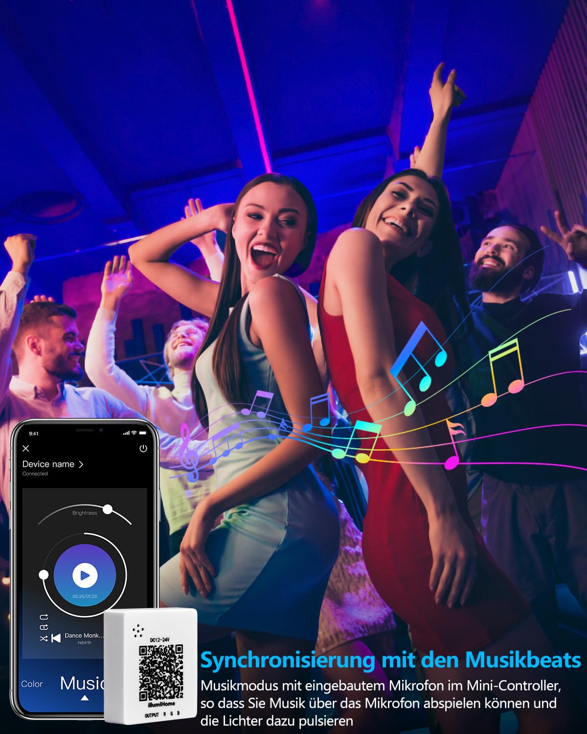 LED-band 15m Bluetooth, RGB-band flerfärgad app-kontroll, band med fjärrkontroll och 44 knappar, synkronisera med musikrytm/minuteringsfunktion, för rum
