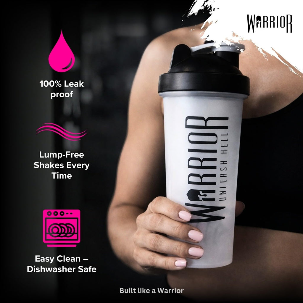 Warrior Protein Shaker-flaska, inkluderar Wire Mixball-mixer – 600 ml – perfekt för att blanda pulvershakes, klar, BPA-fri, diskmaskinssäker