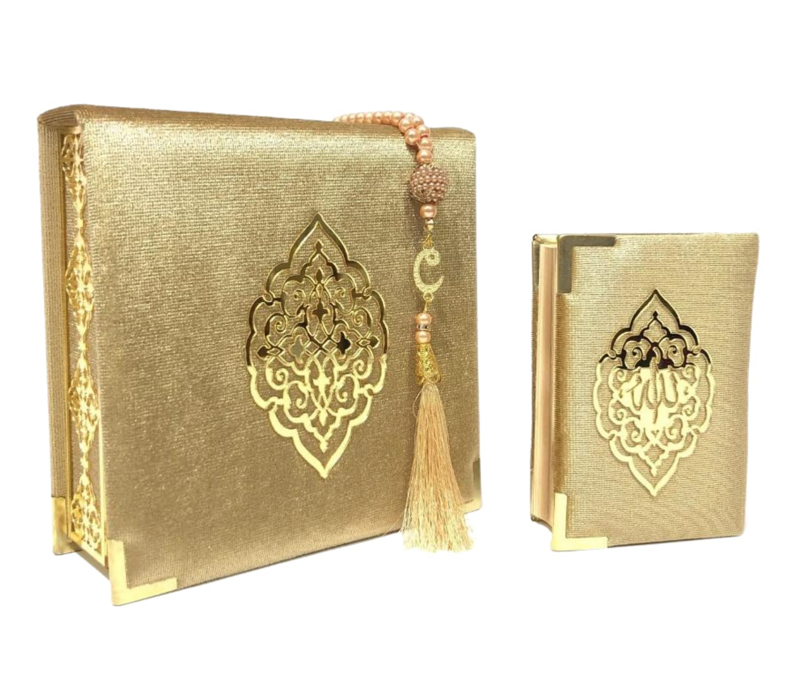 Prien Sammet Koran islam Tesbih-set, elegant bärbar låda, muslimsk heminredning med kvinnor, Qur'an, muslimsk radband för moské, bad, Umrah (guld)