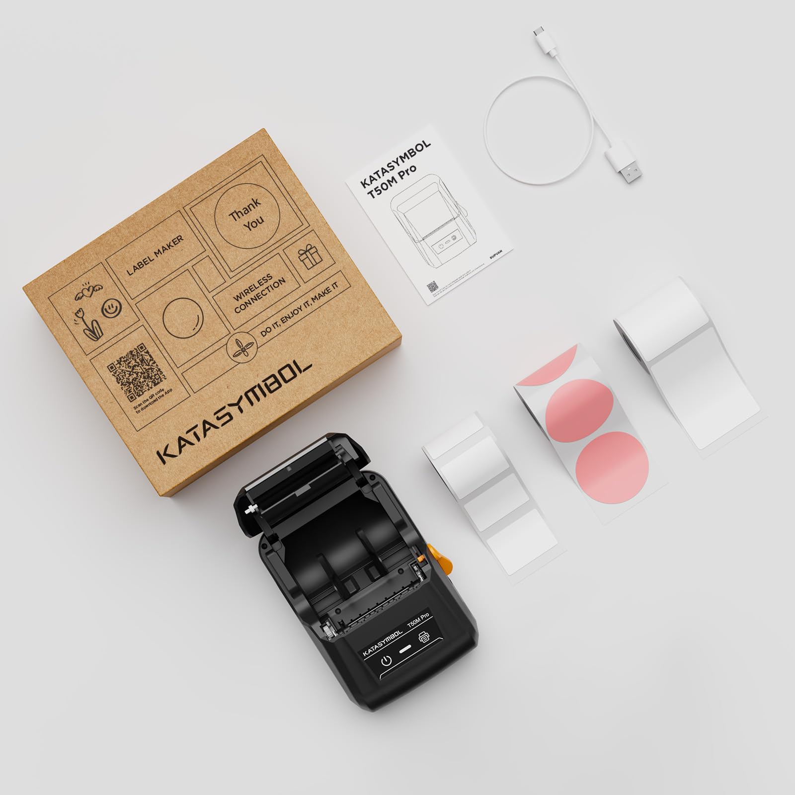 SUPVAN T50M Pro Etikettskrivare Bluetooth Termisk med 3 rullar vattentåliga etiketter, app med 40+ typsnitt och 150+ mallar, kompatibel med smartphone och PC för hem, kontor och skola