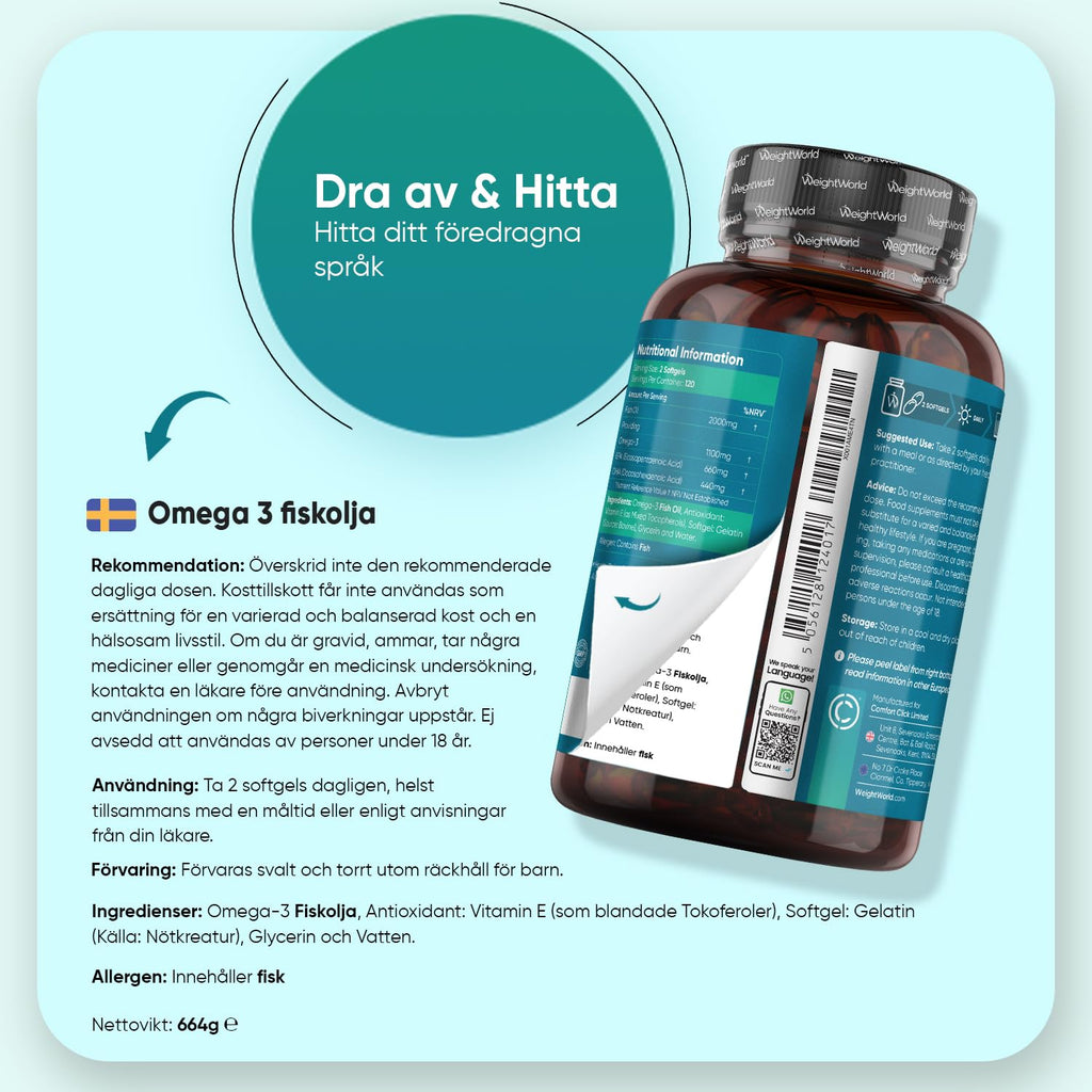 Omega 3-kapslar - 2000 mg fiskolja med 1100 mg omega-3, 660 mg EPA och 440 mg DHA per portion - 240 softgels - För hjärta, hjärna och blodtryck (EFSA) - WeightWorld