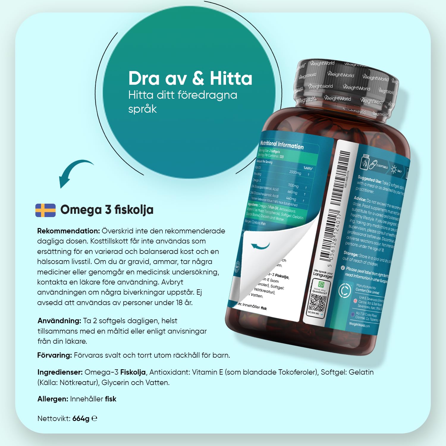 Omega 3-kapslar - 2000 mg fiskolja med 1100 mg omega-3, 660 mg EPA och 440 mg DHA per portion - 240 softgels - För hjärta, hjärna och blodtryck (EFSA) - WeightWorld