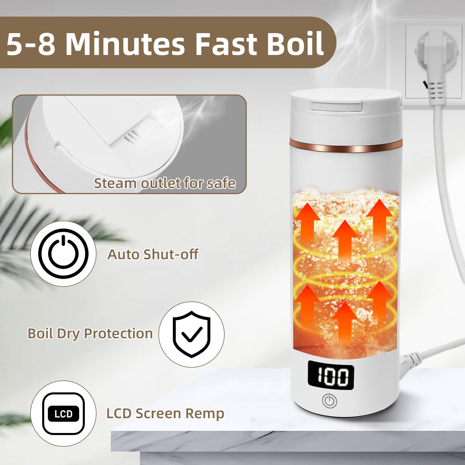 Mini elektrisk vattenkokare, 400 ml bärbar resevattenkokare med 6 temperaturinställningar, automatisk avstängd uppvärmning, med 316 rostfritt stål för te, kaffe, babymjölk