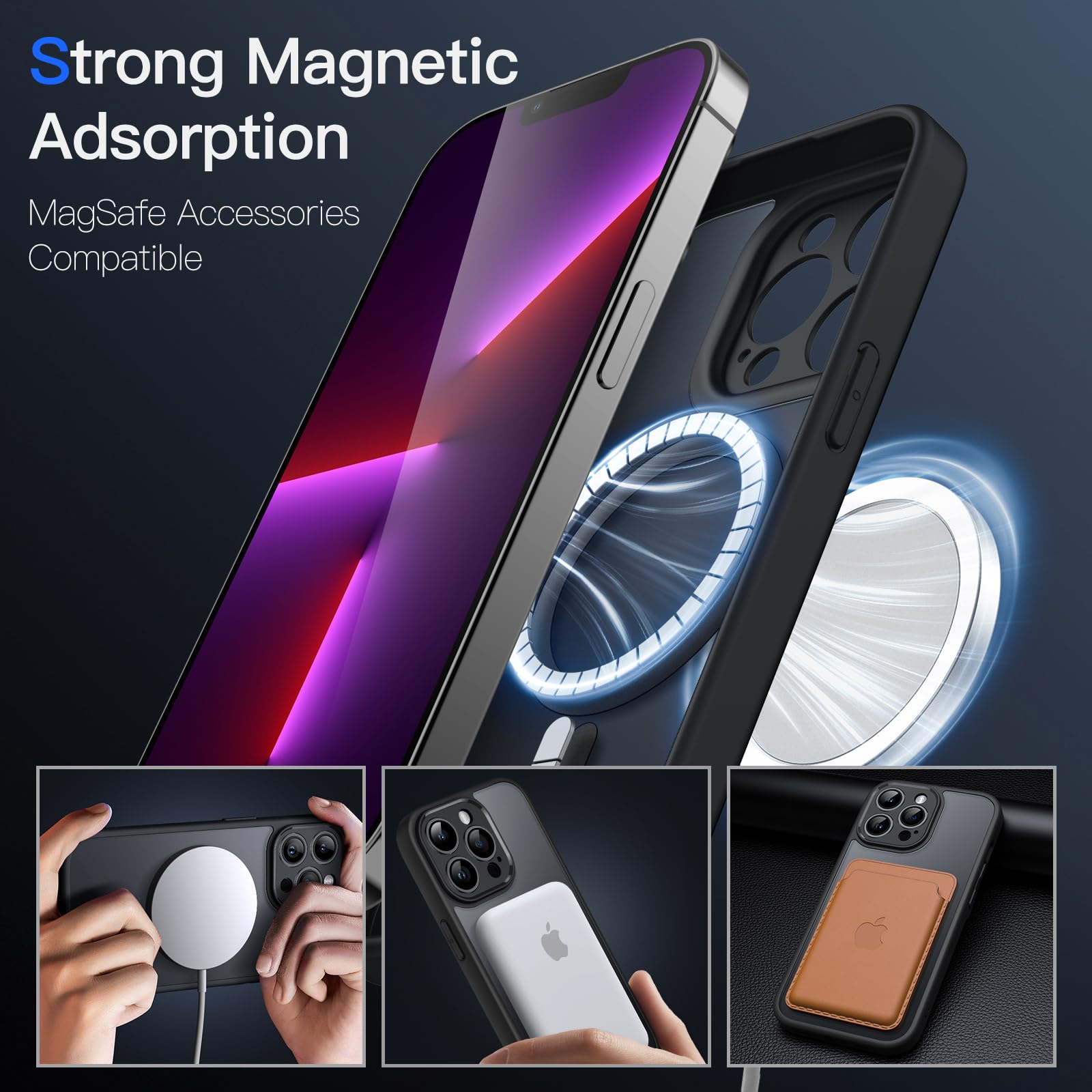 JETech Magnetisk Skal för iPhone 13 Pro 6,1 Tums Kompatibelt med MagSafe, Genomlysande Matte Tillbaka med Full Kameralinsskydd Smal Stötsäker Case (Svart)