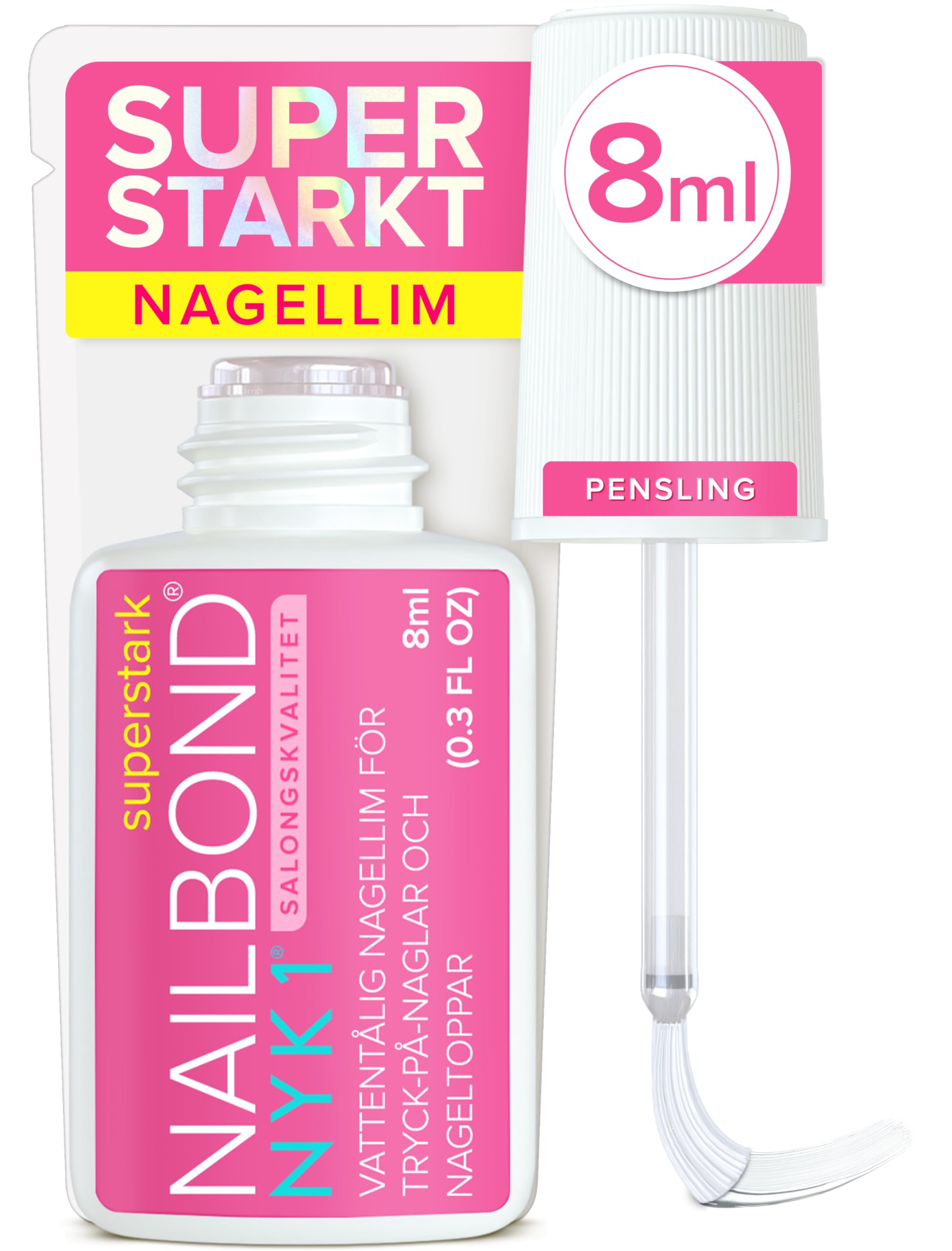 NYK1 Extrastarkt Nagellim Med Borste (8ml) Nail Bond Borste På Nagellim Extra Starkt För Akryl Tips Spiktips Nageltips, Konstgjorda Naglar Och Falska Naglar - Svampdämpande Falskt Nagellim