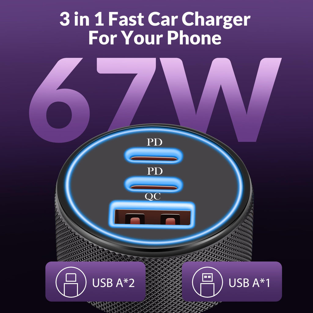 USB C billaddare billaddare, 3-port 67W dubbel USBC och USB-A PD/QC snabbladdning cigarettändare 12 V bilcigarettladdare ljus för iPhone 17 Air 16e 16 15 14, iPad, Samsung Galaxy S25 S24, Pixel
