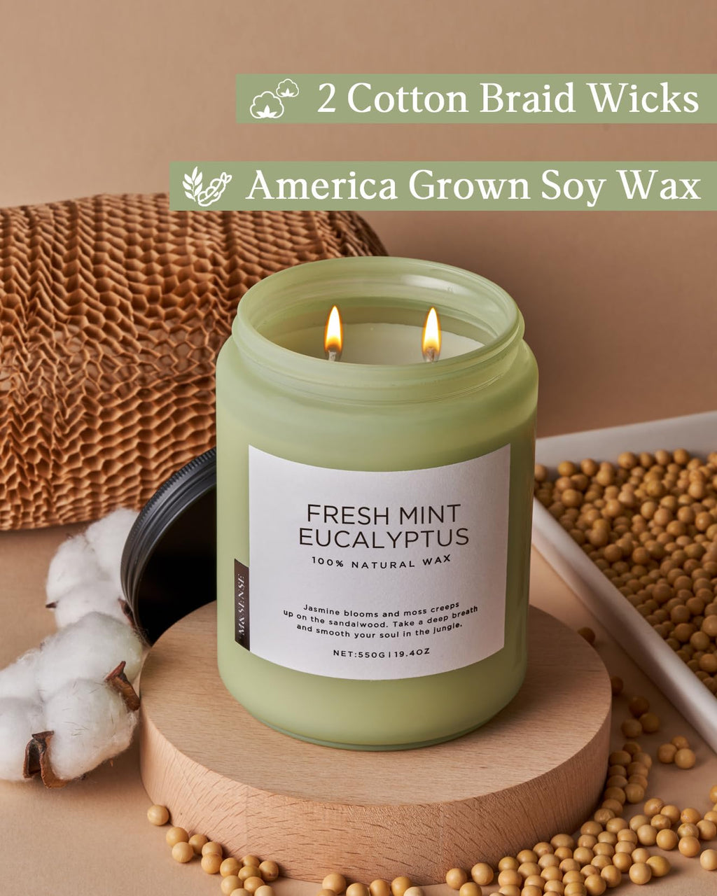 M&SENSE Eukalyptus mint doftljus för home decoration, hem doftande 550g 110 timmar bränd soja stresslindring meditation yoga spa Naturlig burkljus för män och kvinnor