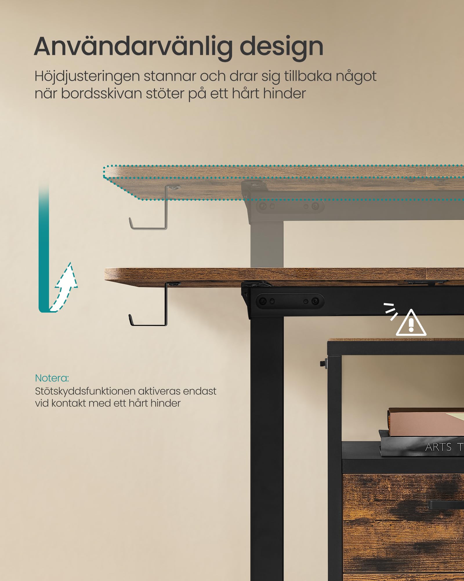 SONGMICS Höjdjusterbart elektriskt skrivbord, 160 x 70 cm, stående, 4-höjds minnesfunktion, för kontor, hemmakontor, rustik brun och bläcksvart, LSD136K01