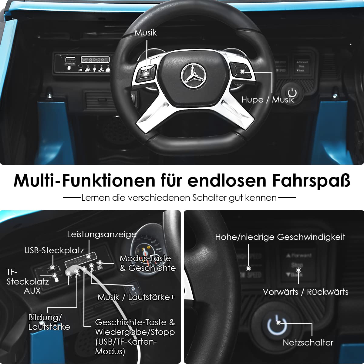 COSTWAY Elektrisk bil för barn, Mercedes-Benz Maybach, 12 V elektrisk barnbil med musik, tuta och LED-lampor, elektrisk bil 2,5–5,5 km/h, inkl. 2,4 G-fjärrkontroll, för barn från 3 år (blå)