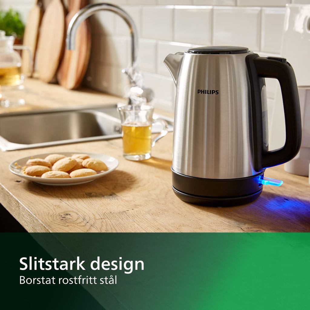 Philips Daily Collection Vattenkokare – 1,7 l, Rostfritt Stål SUS304, Fjädrat Lock, Micromesh-filter, 360° Basplatta, Automatisk Avstängning, Snabb Kokning, Indikatorlampa (HD9350/90)