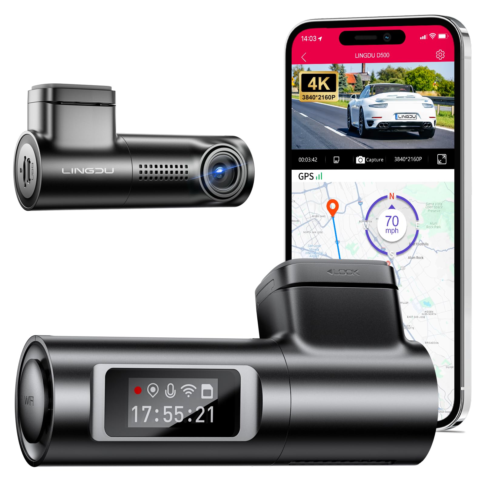 4K Dash Cam Front, Voice Control Car Dashcam, WiFi Dash Camera för bilar, Inbyggd GPS, Bilkamera med WDR Night Vision, 170° vidvinkel, G-Sensor(D500)