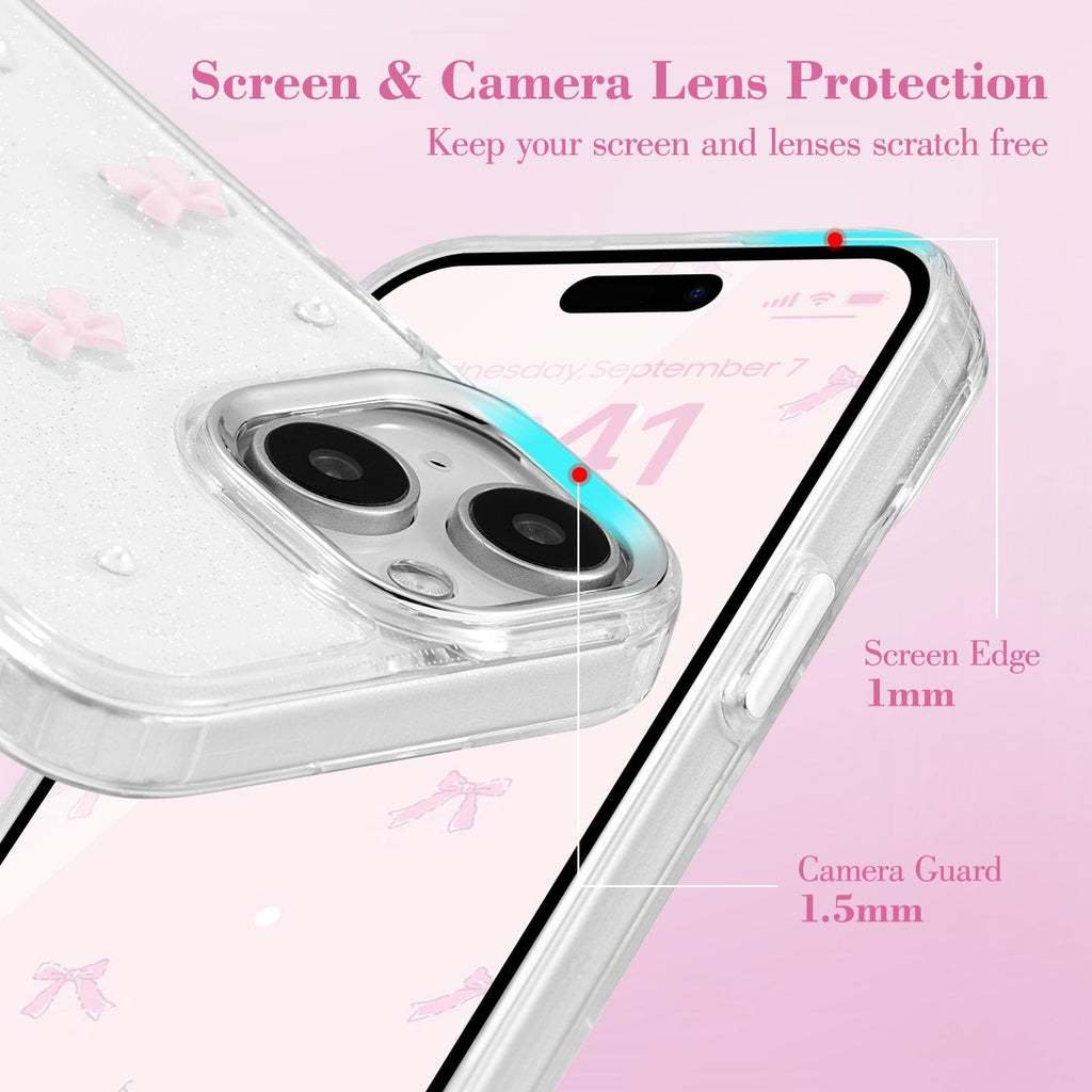 EYZUTAK Skal för iPhone 13/iPhone 14, glittrigt 3D-rosettskal, söt, gnistrande, kristallklar design, tunt, mjukt och hållbart genomskinligt TPU-skal, rosa rosett