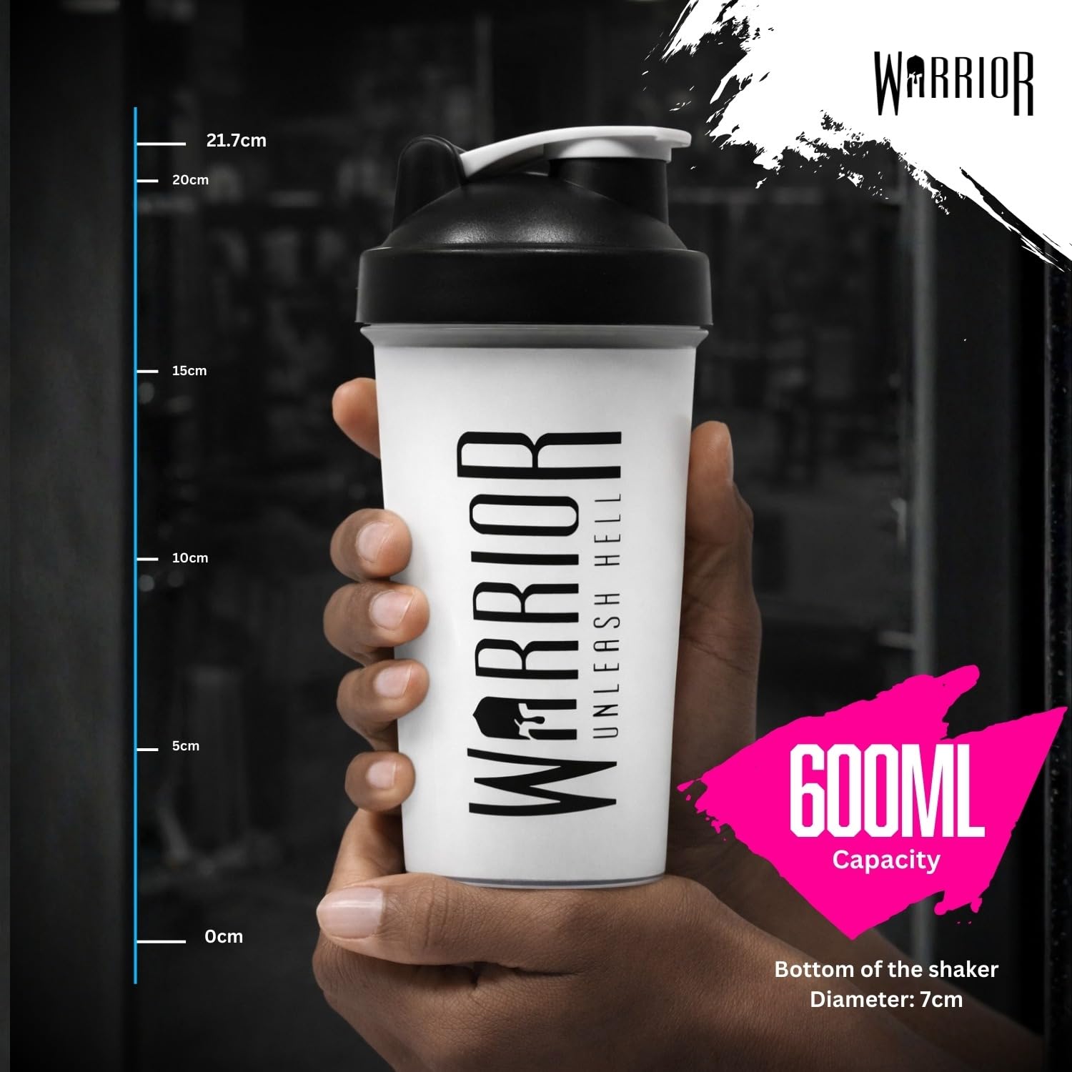 Warrior Protein Shaker-flaska, inkluderar Wire Mixball-mixer – 600 ml – perfekt för att blanda pulvershakes, klar, BPA-fri, diskmaskinssäker