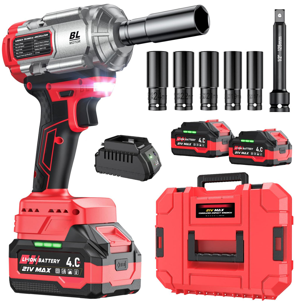XIAZIR Batteridriven slagnyckel 1200 Nm, 21V 4.0Ah×2 batterier + snabbladdare, 3 hastigheter + LED-lampa, inkl. 5 hylsor + förlängningsstång + väska, för bil, bygg och DIY