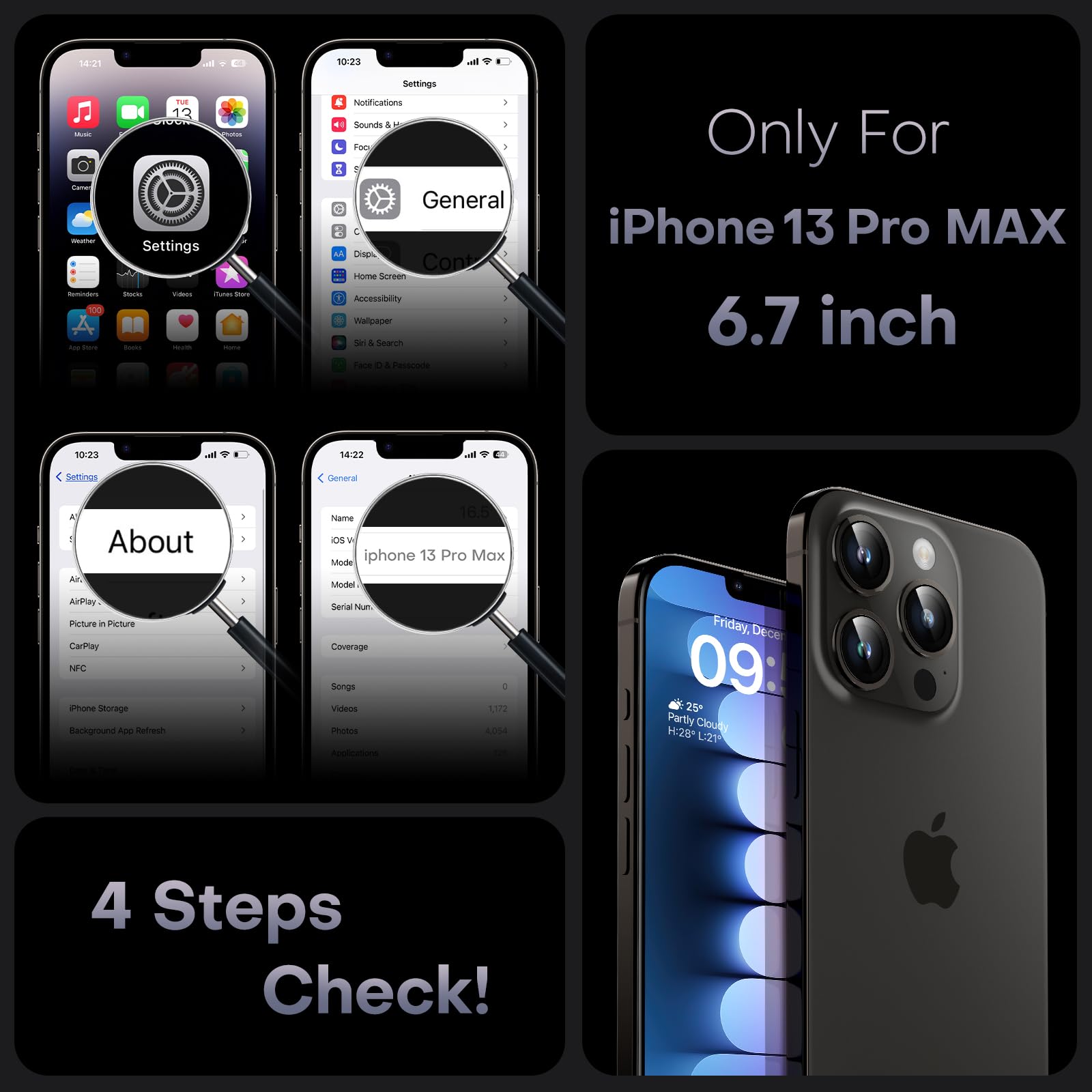 TOCOL Skal för iPhone 13 Pro MAX, Kameraskydd, Integrerad Magnetring, Kompatibel med Magsafe, Fallskydd, Genomskinlig Matt Baksida, Svart Titan