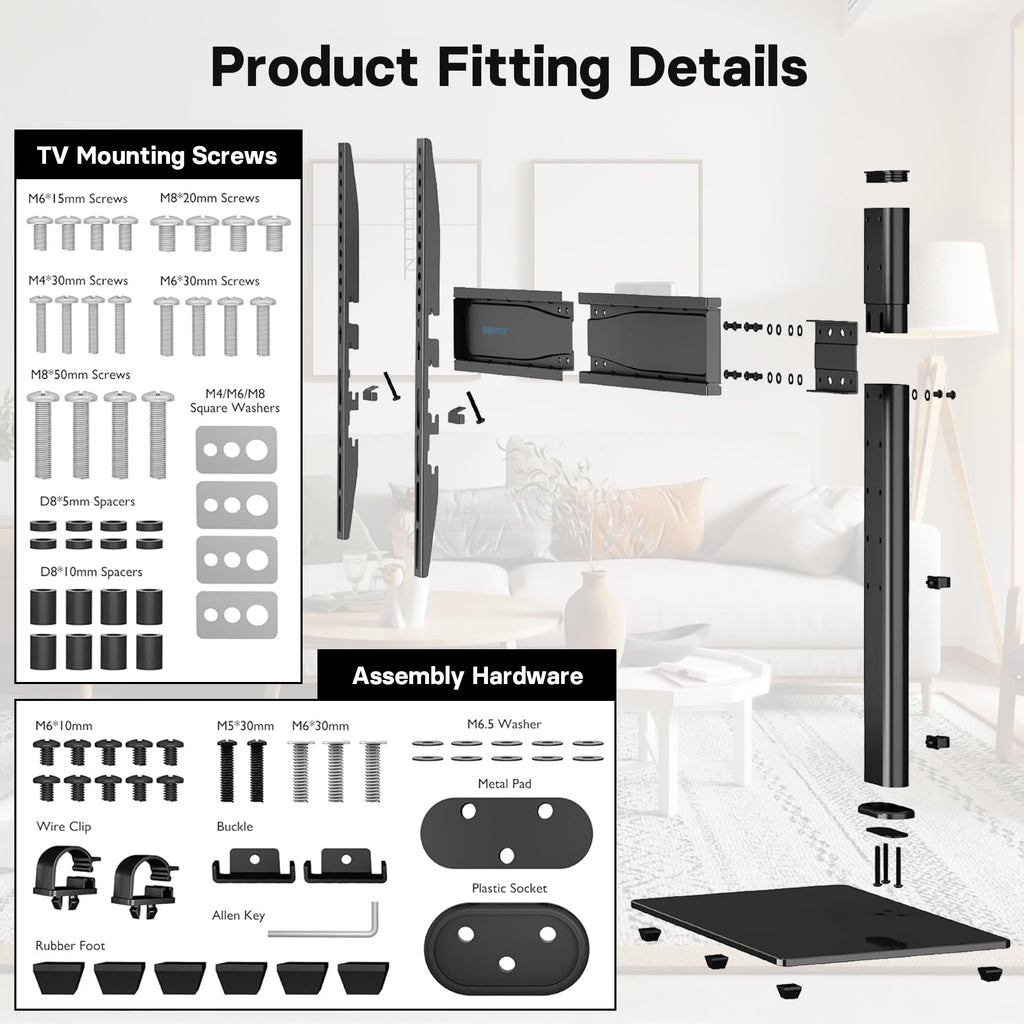 BONTEC Universellt Bordsskiva Piedestal TV Stativ med Fäste för 26"-65" LCD/LED/Plasma-TV – Höjdjusterbart Stativ med 8mm Härdat Glasbas och Kabelhantering–Stöder upp till 45kg och Max. VESA 600x400mm
