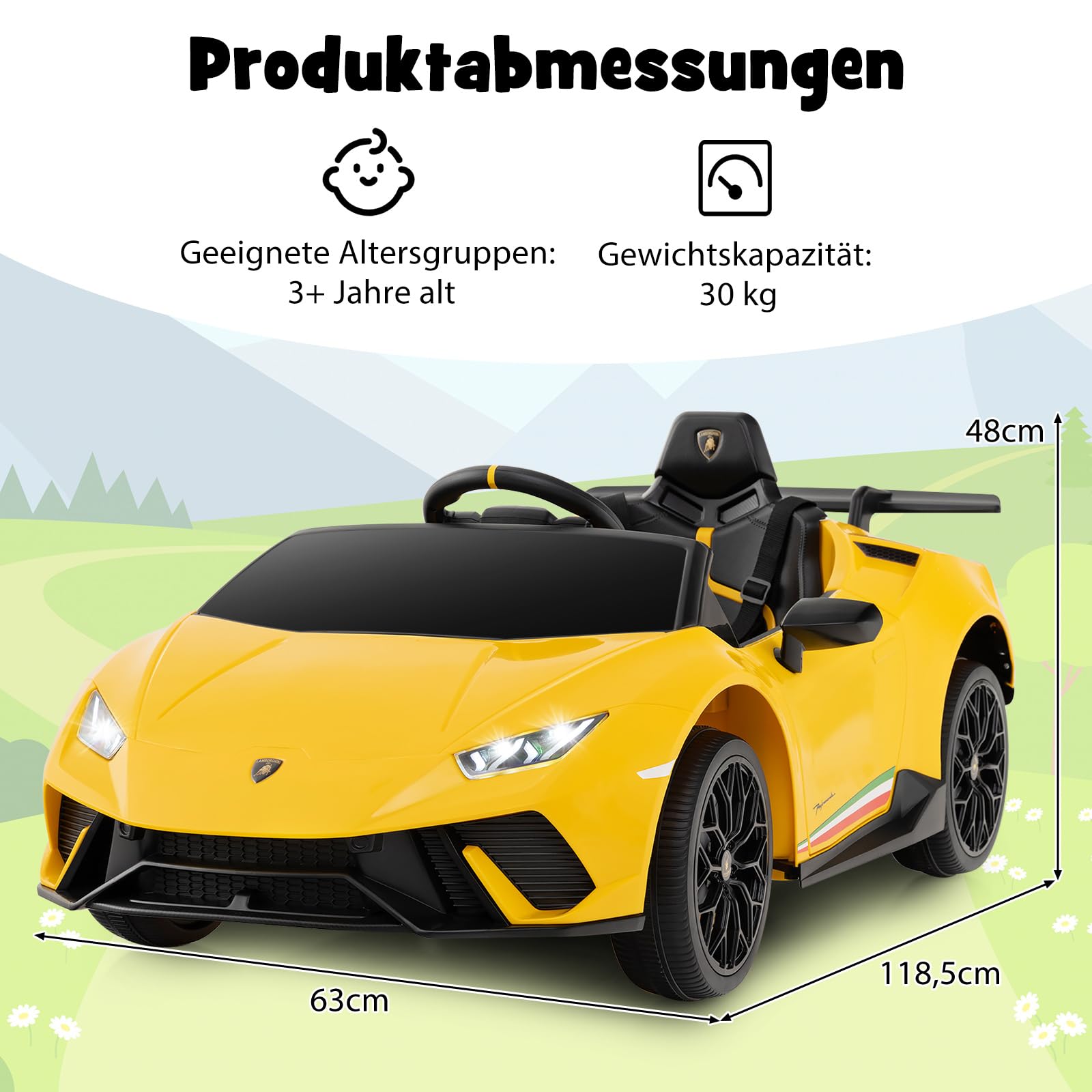 COSTWAY Elektrisk bil Lamborghini, 12 V elektrisk barnbil med fjärrkontroll och LED-lampor och tuta och musik och USB, 3-växlad elfordon 3–5 km/h, elbil för barn från 3 år (gul)