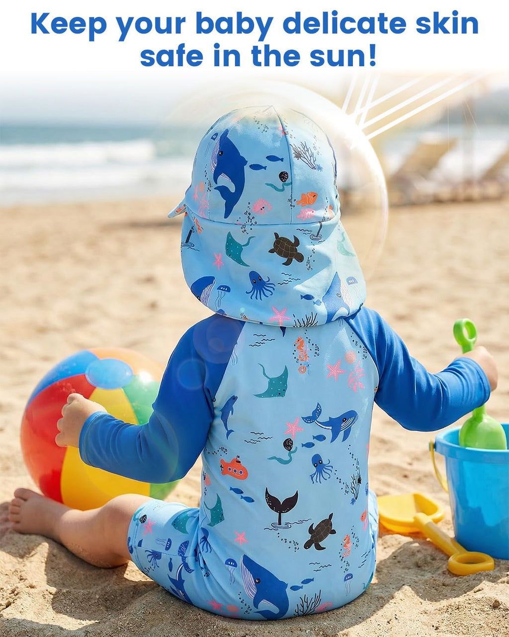 JiAmy Baddräkt med solhatt för småbarn, baby, pojke, långärmad baddräkt med dragkedja, rash guard, baddräkt i ett stycke, baddräkt med solskydd, solskyddsplagg för stranden