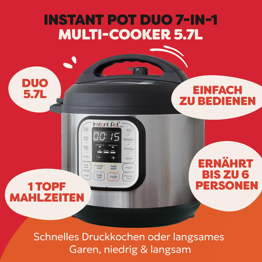 Instant Pot Duo 7 i 1 multifunktionell tryckkokare, riskokare, fritös, yoghurtkokare, ångkokare och värmeplatta - Rostfritt stål - 5,7 L