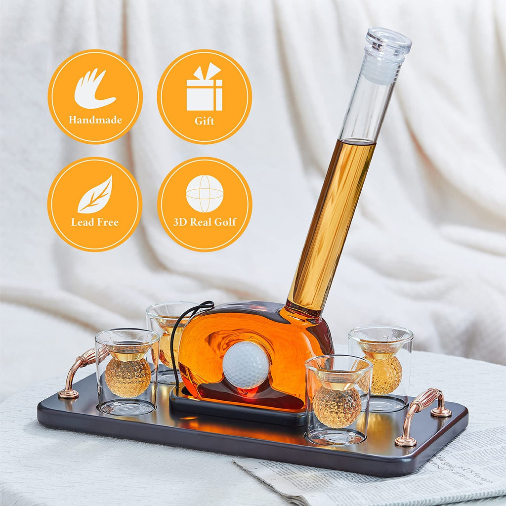 Golf Decanter Whiskey Decanter Set with 4 Golf Ball Whiskey Glasses - Unique Golf Gifts for Men - 750ML Golf Themed Liquor Decanters for Alcohol, Bourbon, Scotch, Vodka, Tequila, Wine Clear