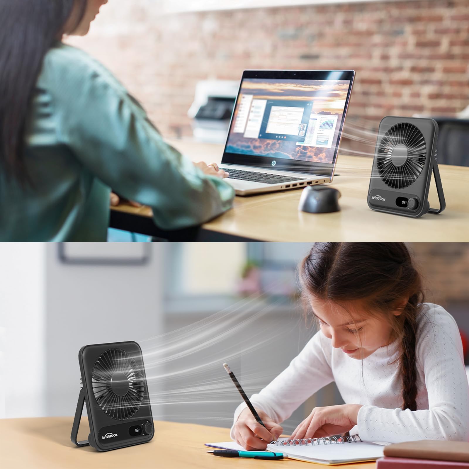 WHATOOK Mini USB Fläkt 2000 mAh: Tyst Bordsfläkt med 100 Hastigheter, LED Display, USB-C Laddning - Kompakt Portabel Fläkt för Skrivbord, Sovrum, Resor, Sommarbruk