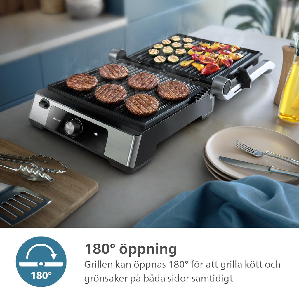 Philips kontaktgrill - Justerbar temperatur. Stor grillyta och hög effekt. Löstagbara non-stick-plattor och droppbricka. (HD6301/90)