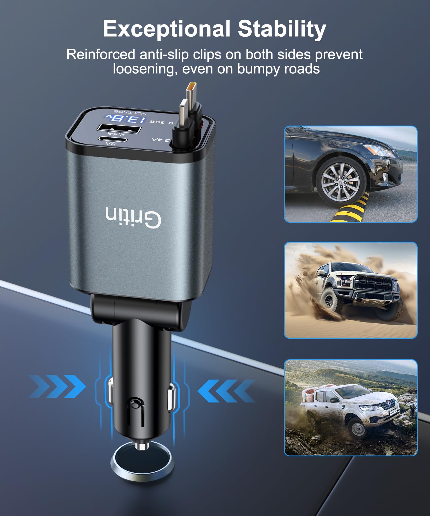 Gritin Infällbar Billaddare, 69W Supersnabb 4-i-1 USB C Billaddaradapter med Smart Enhet - Adaptiv Laddningsteknik och Omedelbar Spänningsdisplay, Tillbehör för iPhone 16 15, iPad, Android etc.