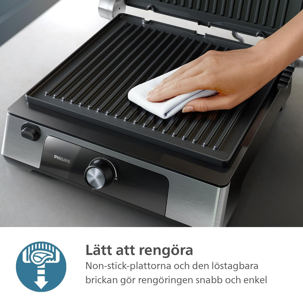 Philips kontaktgrill - Justerbar temperatur. Stor grillyta och hög effekt. Löstagbara non-stick-plattor och droppbricka. (HD6301/90)