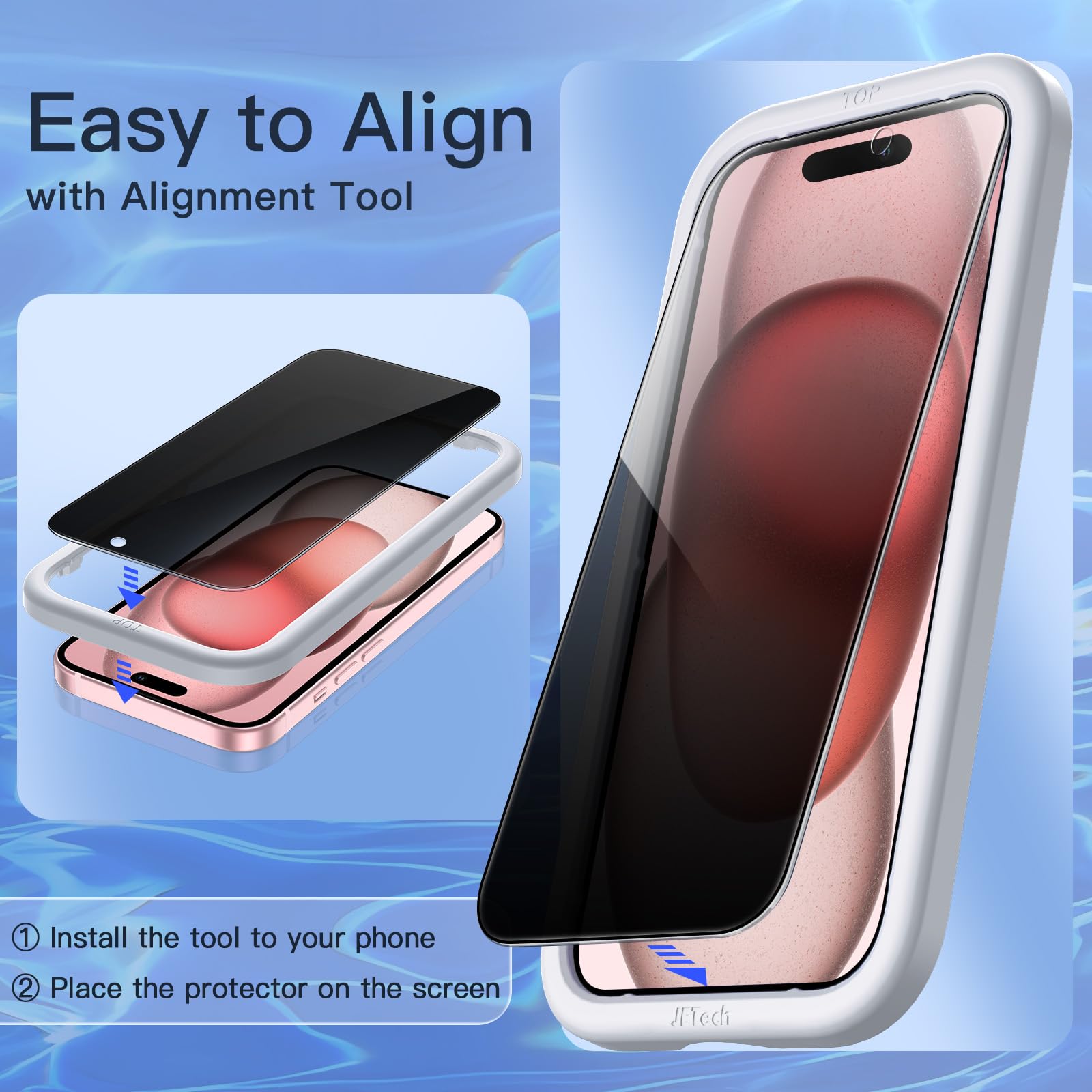 JETech Privacy Skärmskydd för iPhone 15 6,1 Tums, Anti-Spion Härdat Glasfilm med Enkelt Installationsverktyg, 2-Pack