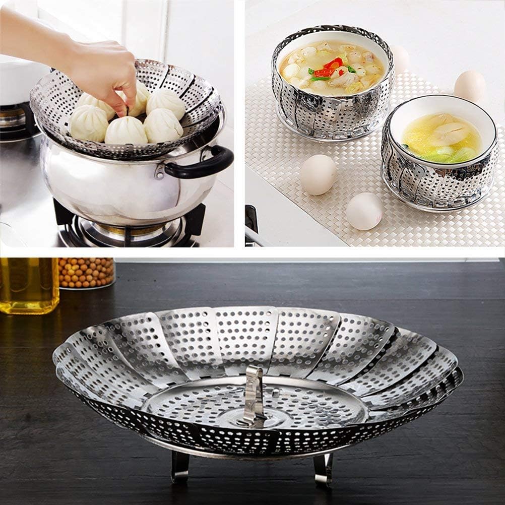 AOMIG Vikbar ångkorg i rostfritt stål, Ångkorg för matlagning, Steamer hopfällbar korg, hopfällbar grönsaksångkokare med handtag, Rostfritt stål grönsaksångare grönsakskorg, nät hål 14–23 cm