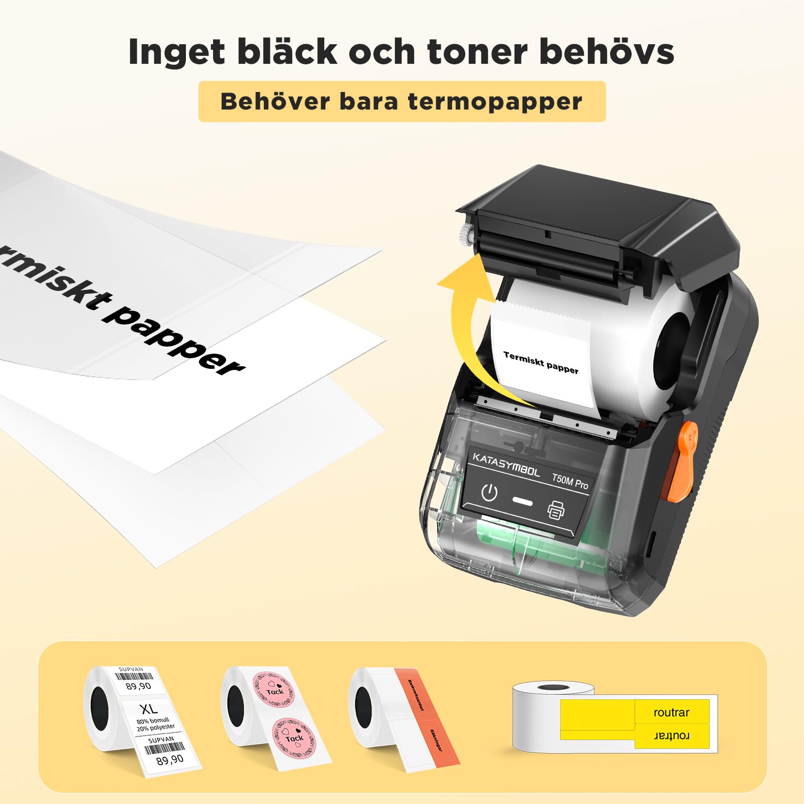SUPVAN T50M Pro Etikettskrivare Bluetooth Termisk med 3 rullar vattentåliga etiketter, app med 40+ typsnitt och 150+ mallar, kompatibel med smartphone och PC för hem, kontor och skola