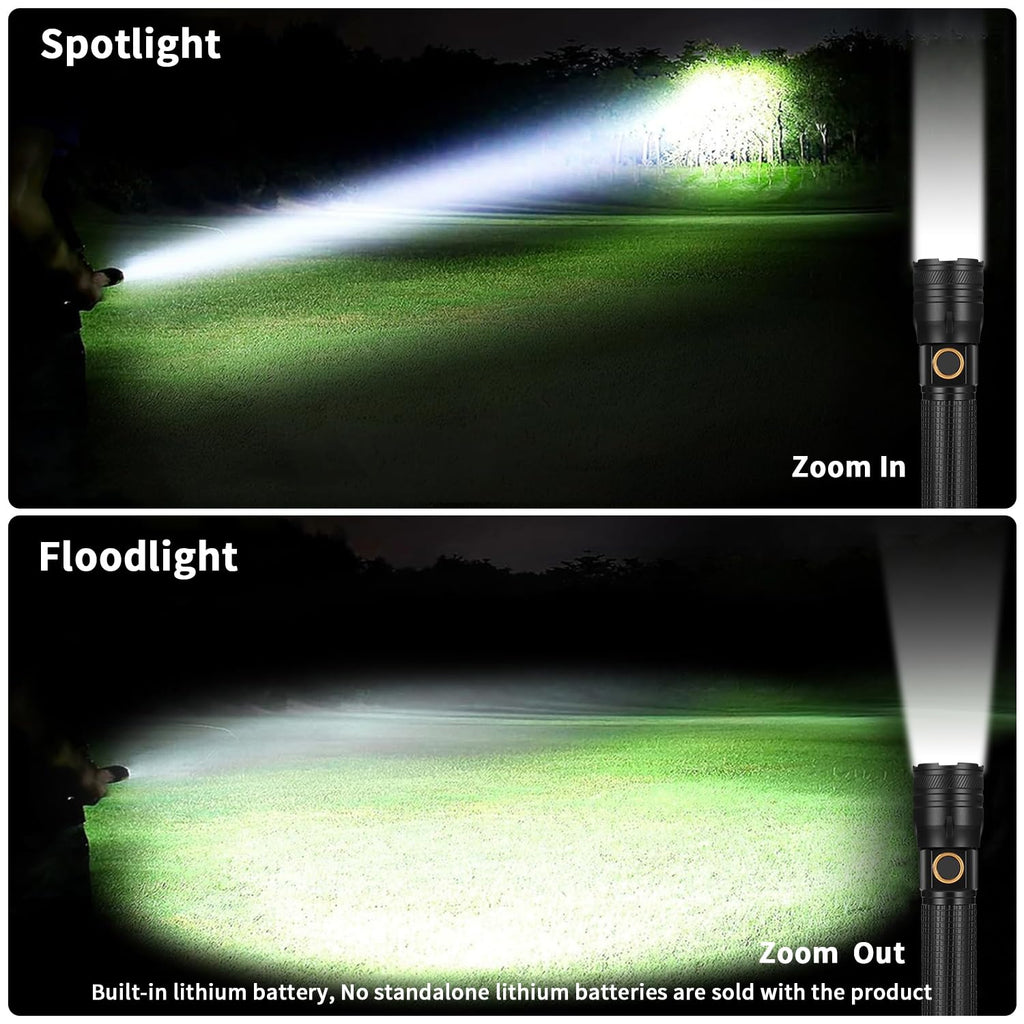 Uppladdningsbar LED-ficklampa, 2 000 lumen, extremt ljus LED-ficklampa med 3 lägen, mini ficklampa med lång livslängd, IP65 vattentät, för camping, fiske, nödsituationer