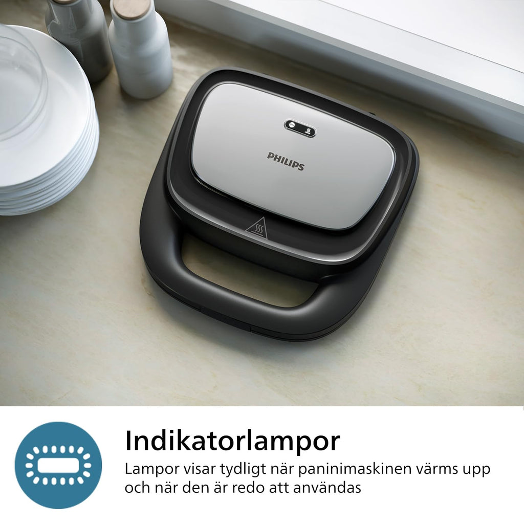 Philips 5000-serien smörgåsmaskin – 3 plattor för paninis, smörgåsar och våfflor. Grillplattor med nonstick. Cut-and-Seal. 750W Effekt. Svart (HD2350/80)