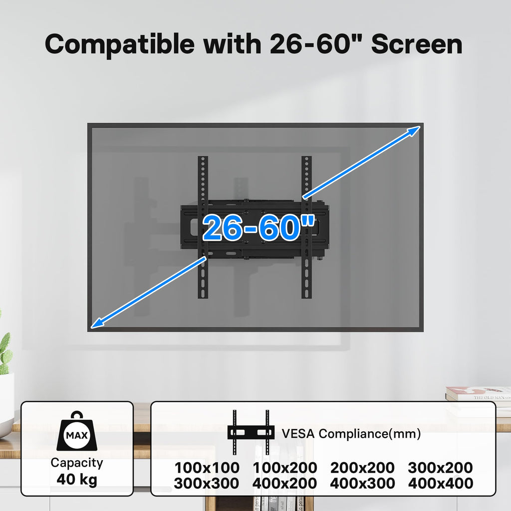 BONTEC TV-väggfäste för 26-60 tum LED LCD TV, svängbart, vinklingsbart och förlängningsbart från 80 mm till 500 mm, med 45 kg kapacitet. Inkl. 5 kabelklämmor och vattenpass, max. VESA 400x400 mm