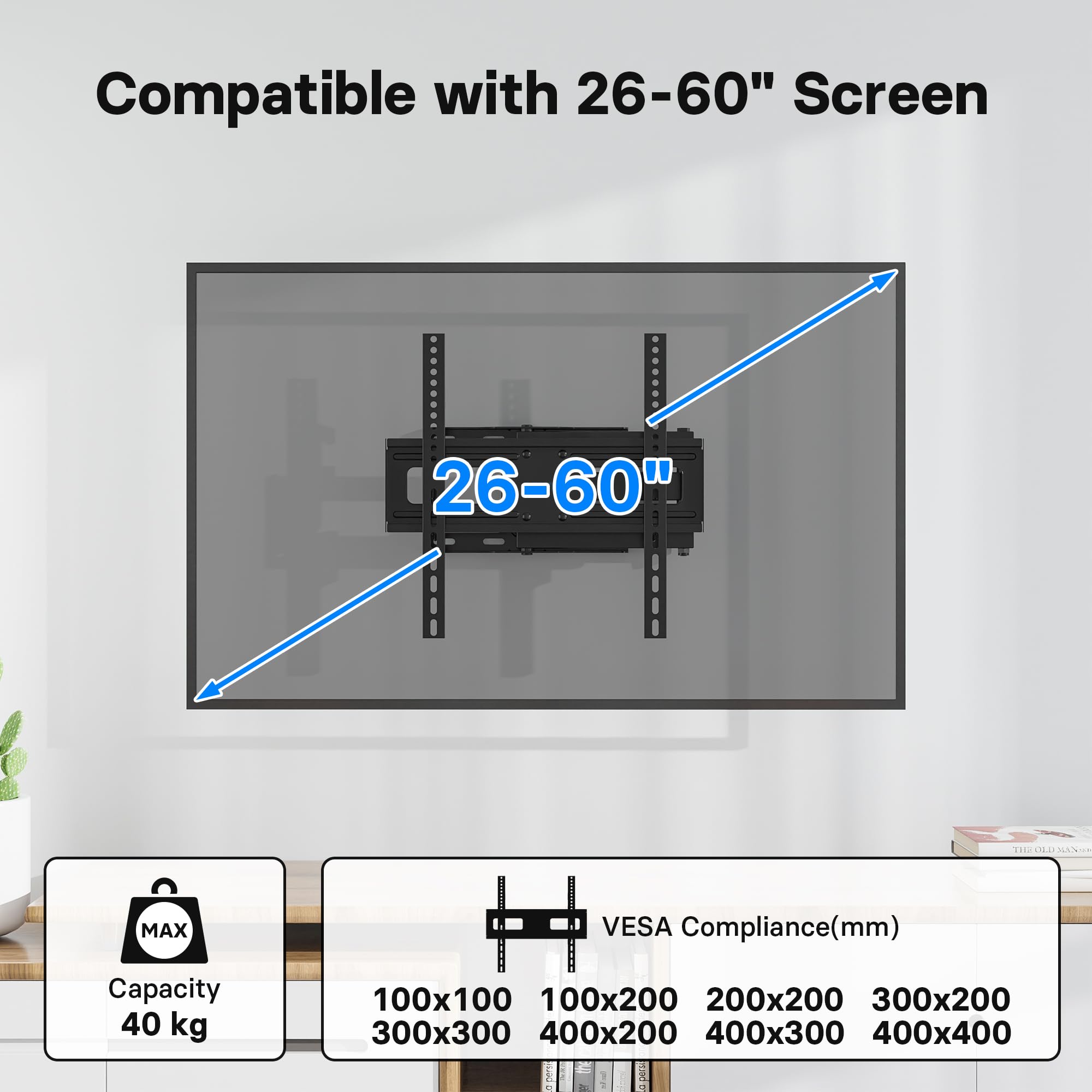 BONTEC TV-väggfäste för 26-60 tum LED LCD TV, svängbart, vinklingsbart och förlängningsbart från 80 mm till 500 mm, med 45 kg kapacitet. Inkl. 5 kabelklämmor och vattenpass, max. VESA 400x400 mm