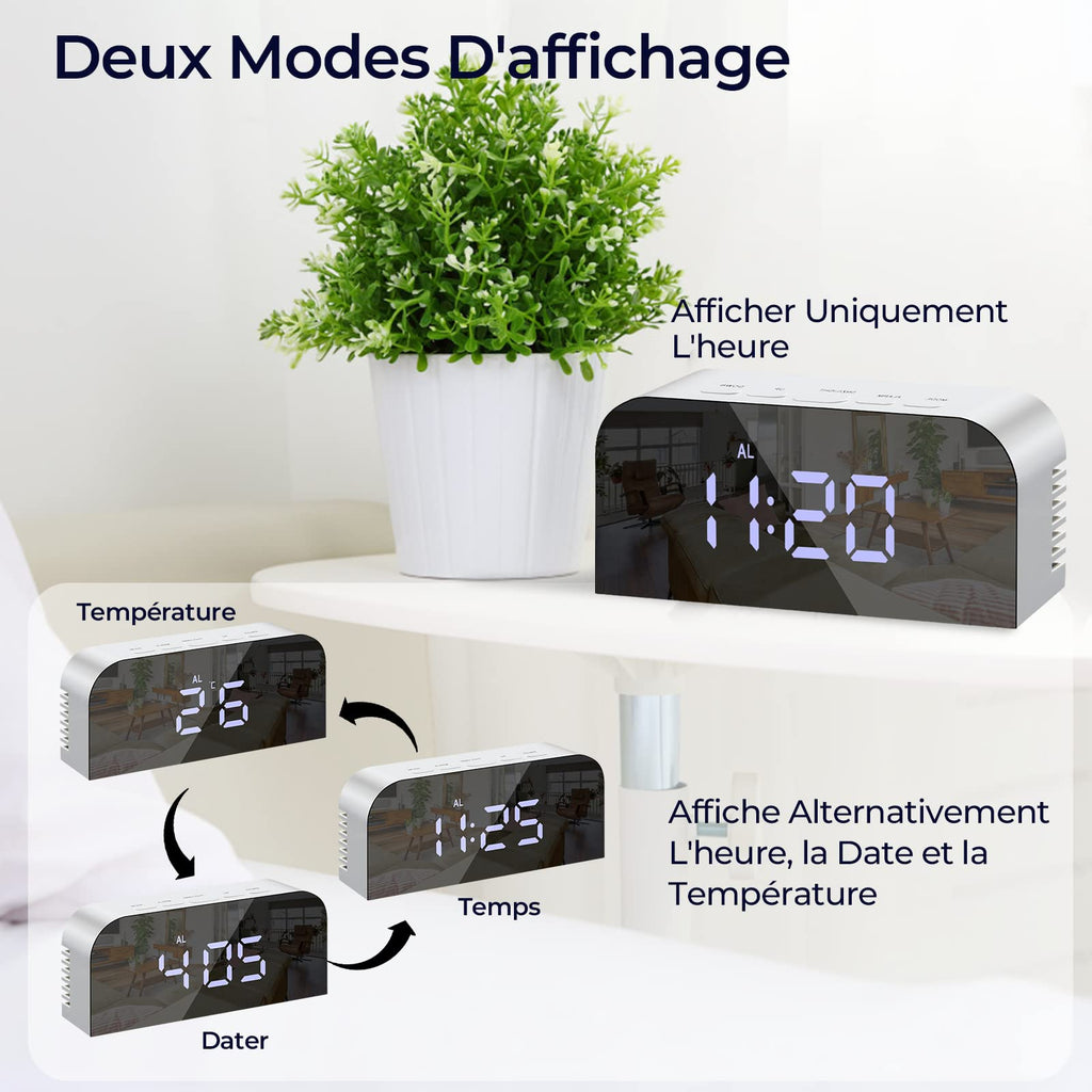 Vinabo Spegel Digital Morgonväckarklocka, LED, Digital Klocka, Säng, 2 Ljusnivåer, 12/24 Timmar, med 2 USB-Laddningsportar, Modern Heminredning Eller Sovrum (Vit)