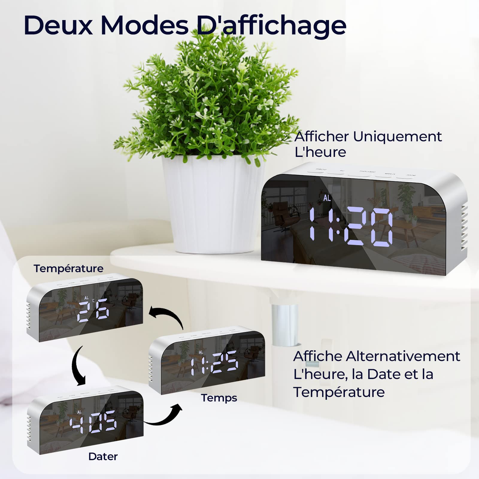 Vinabo Spegel Digital Morgonväckarklocka, LED, Digital Klocka, Säng, 2 Ljusnivåer, 12/24 Timmar, med 2 USB-Laddningsportar, Modern Heminredning Eller Sovrum (Vit)
