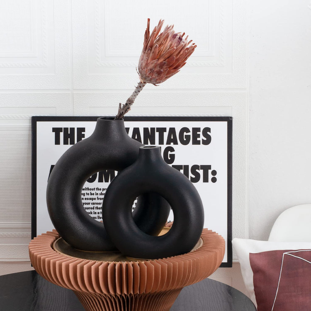 Set med 2 svarta donut keramiska vaser för modern heminredning, rund matt pampasgräs, Neutri bohemisk nordisk minimalism stil (stor och liten)