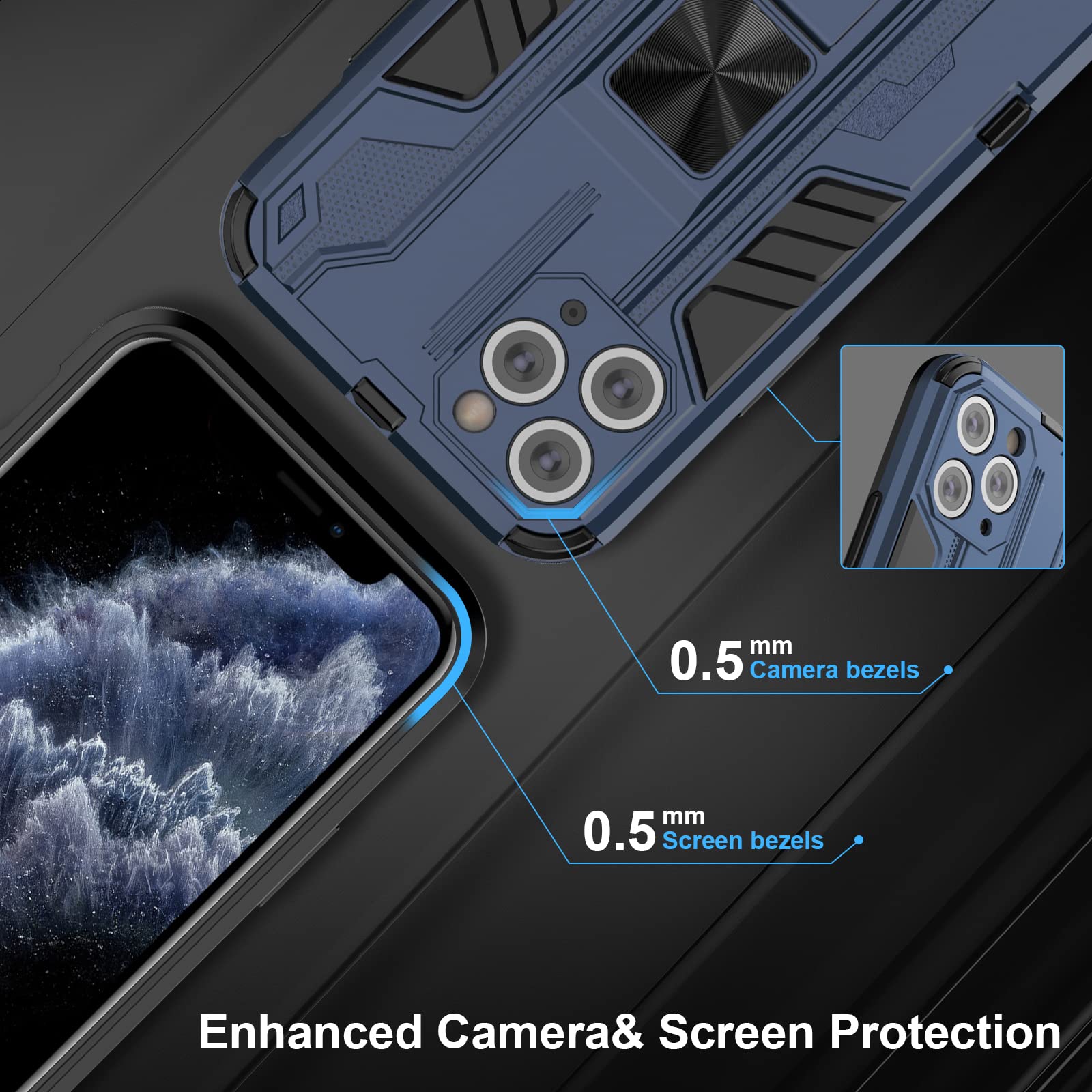 Skal för iPhone 11 Pro Max med skärmskydd, standardfodral stativfunktion Shockproof Case- blå