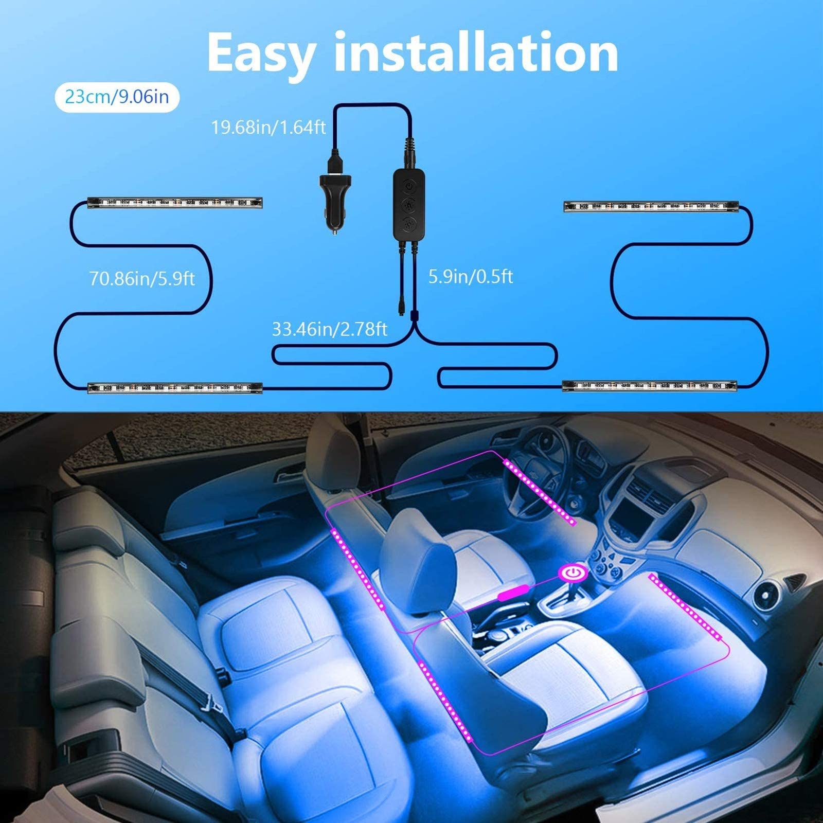 TASMOR Bluetooth-omgivande belysningsbil, RGB-bil Led-interiörbelysning med APP Reglerbar, dimbar vattentät fotbrunnbelysning Autojustering med fjärrkontroll, 12V bil LED-lampor Syn med musik