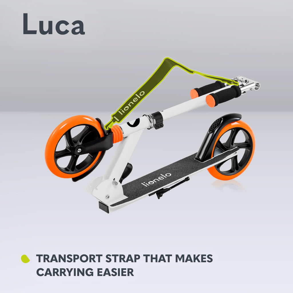 LIONELO Luca Hopfällbar Sparkcykel för Barn (5+), Ungdom & Vuxen, Lätt Aluminium 4,1 kg, Stora 200 mm PU-hjul, ABEC-7-lager, ShockResist dämpare, upp till 100 kg, Justerbart Styre, Fotbroms & Sidostöd