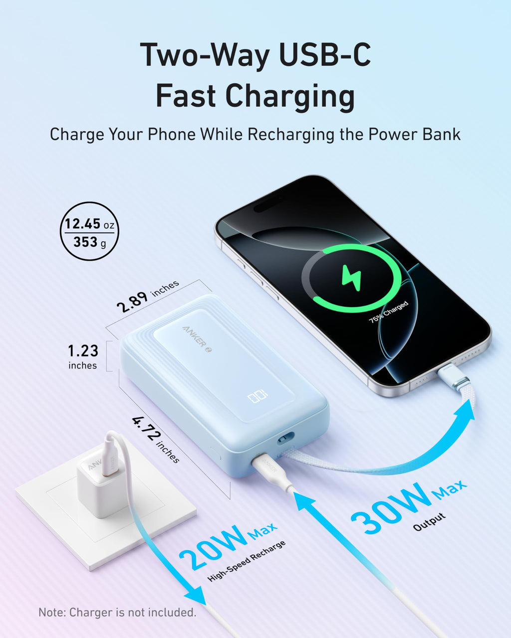 Anker Zolo Power Bank, 20 000 mAh 30 W Höghastighets Portabel Laddare med Inbyggd USB-C-kabel, 1 USB-C, 1 USB-A, Batteripack för iPhone 17/17 Pro/17 Pro Max/17 Air, Galaxy och mer