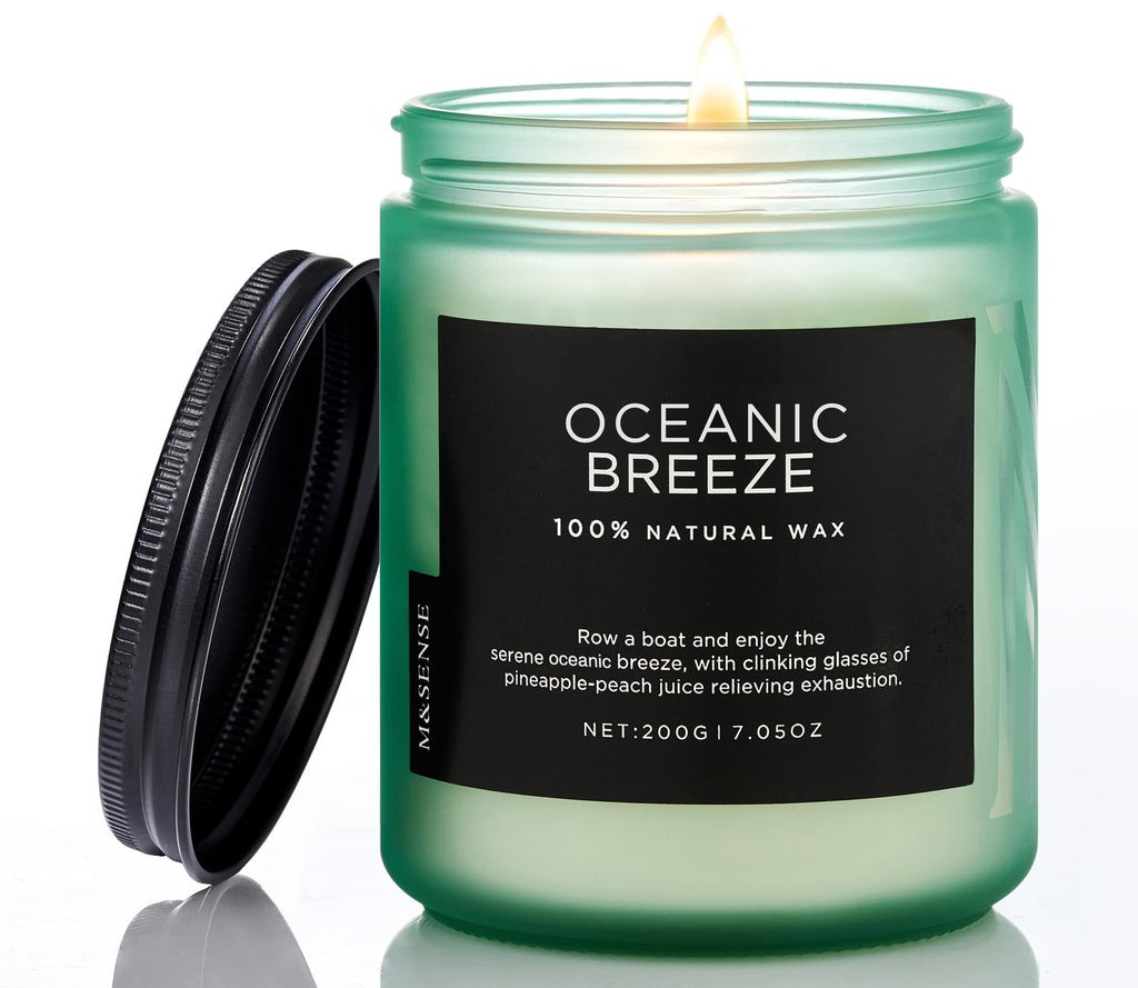 M&SENSE Ocean Breeze Organic Soy Scented Candles Gifts for Women & Men Non Toxic 200g 50H Burn Time Candles for Home Decor Small Jar Clear Burning Candle for Summer Evening Relaxation Stress Relief