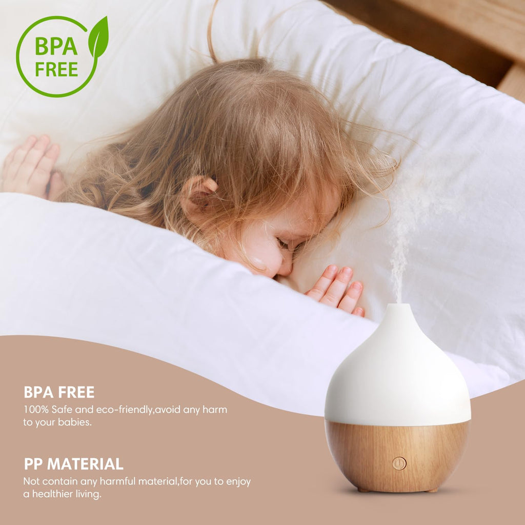 SALKING Aroma Diffuser, 100 ml, liten, ultraljuds aromaterapi-diffuser, för eteriska oljor, med automatisk avstängningsfunktion, varmvit ljus, vitt träfiber, diffusor för hem, kontor eller yoga