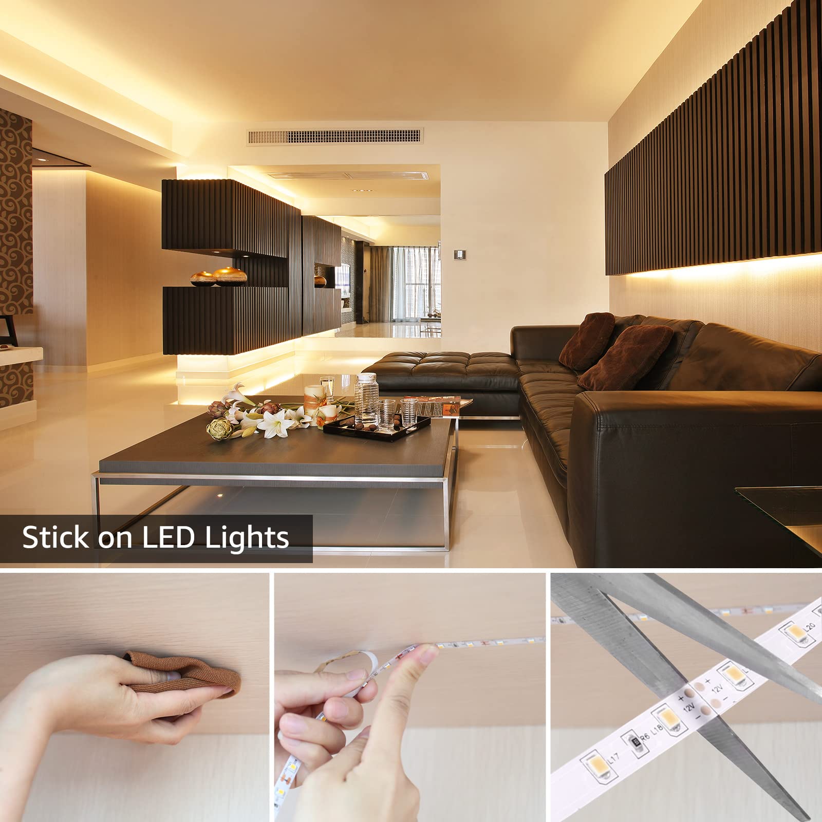 Lepro LED-remsor 12V 5m självhäftande, remsa med 300 stycken 2835 LED-lampor, 3000 Kelvin 1200 lumen varmvit DIY flexibel LED-remsa för inomhushemskök, förpackning med 2