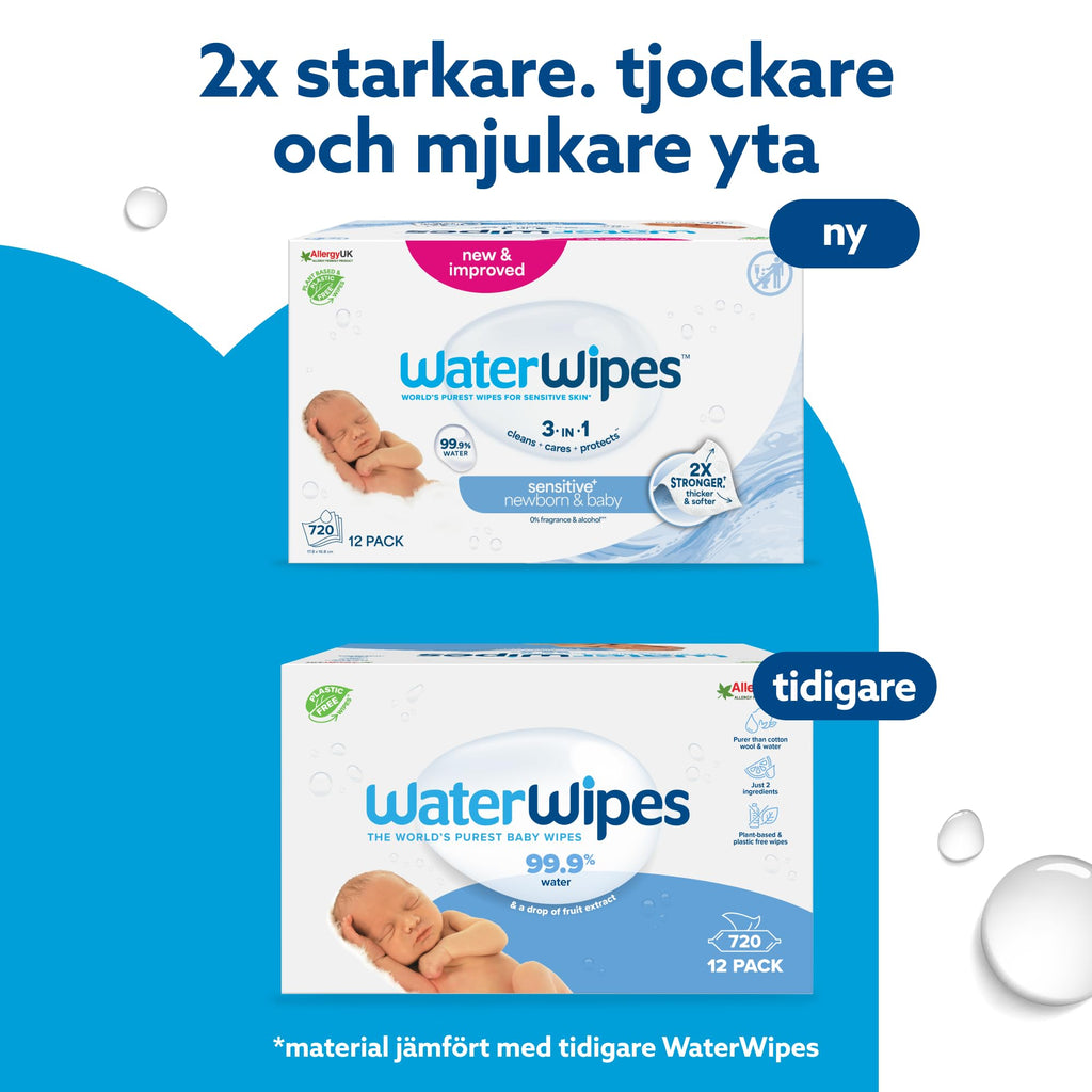 WaterWipes Sensitive+ Newborn & Baby Wipes, Våtservetter för nyfödda och spädbarn, 720 st (12-pack), 3-i-1 rengör, vårdar och skyddar, 99,9% vatten, oparfymerade